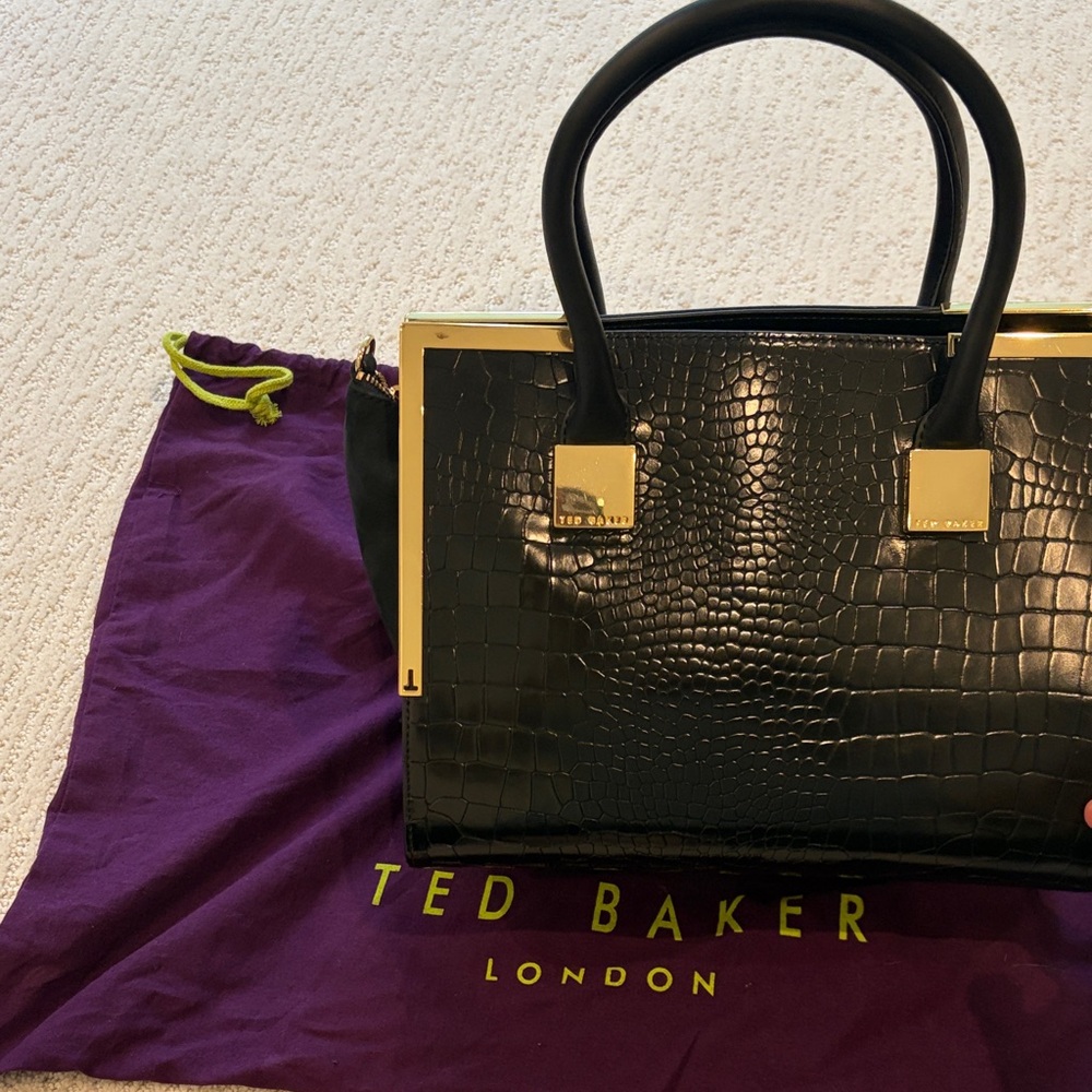 Ted Baker Black Crocodile Embossed handbag with Gold Accents